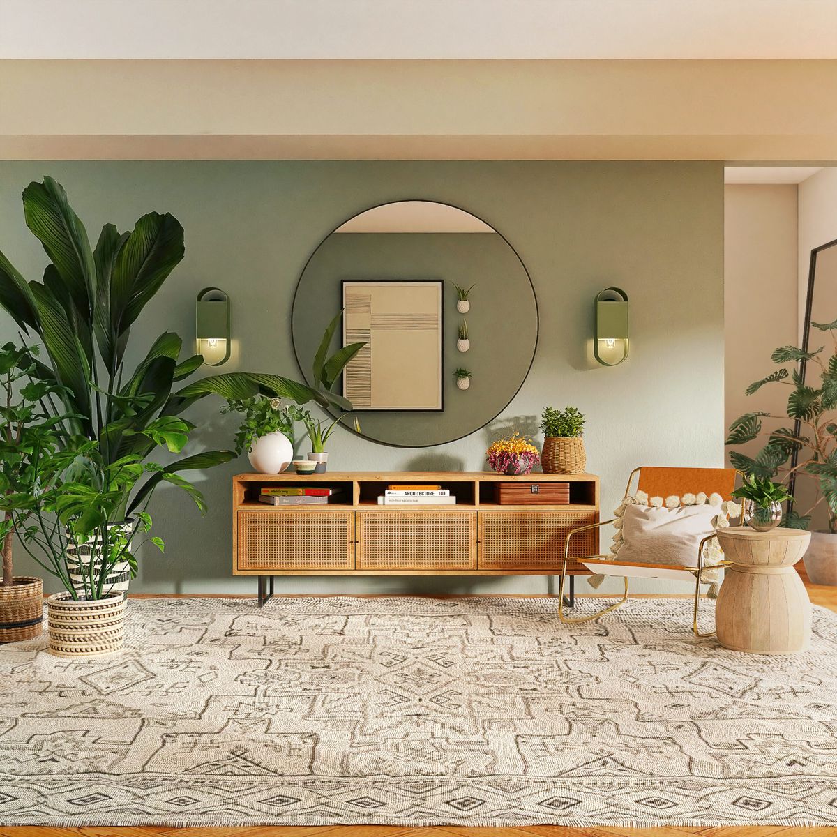 Salón con interiorismo personalizado: pared verde salvia, espejo redondo, mueble de ratán y plantas