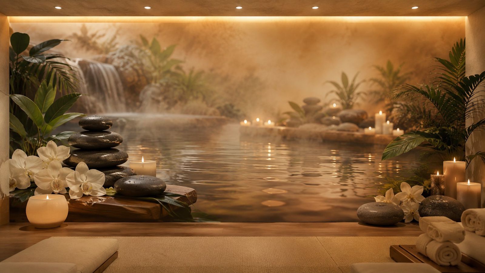 Mural panorámico de un spa con cascada, piedras apiladas, velas y vegetación en tonos cálidos
