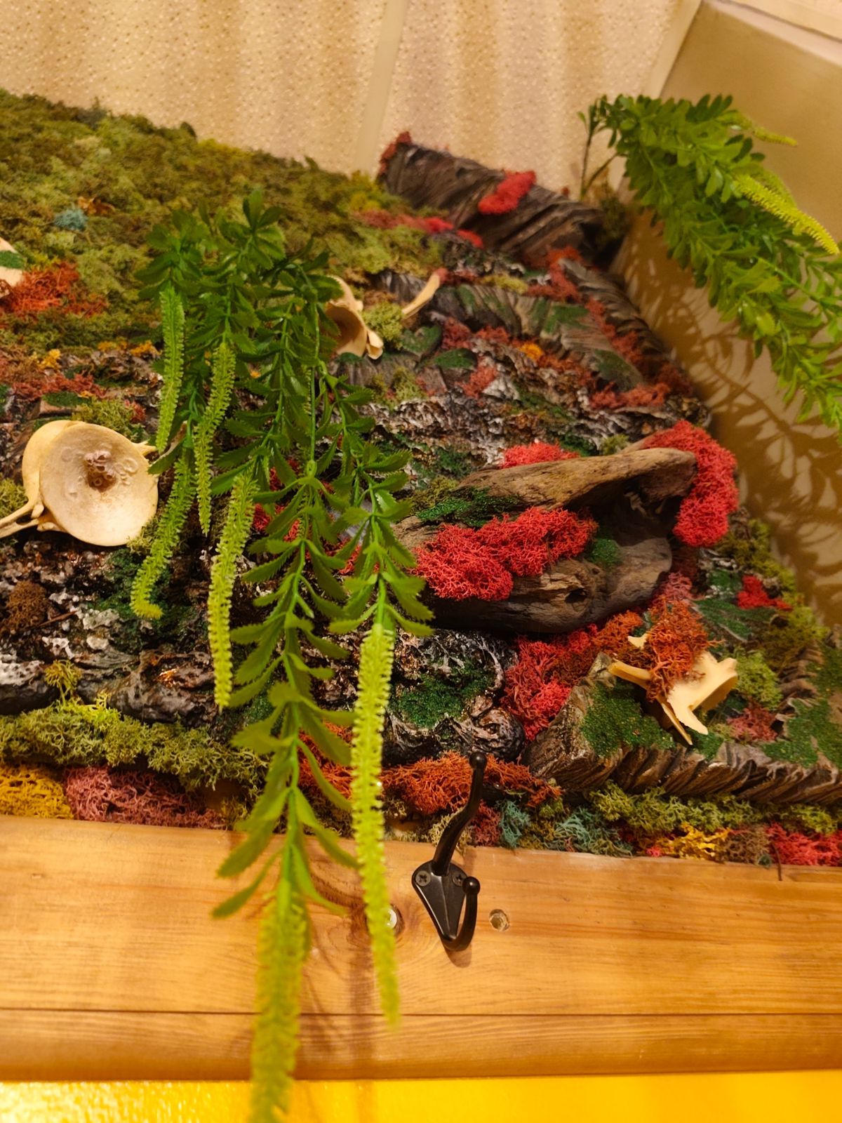 Detalle del jardín vertical con musgo, helechos colgantes y piezas de madera intervenidas