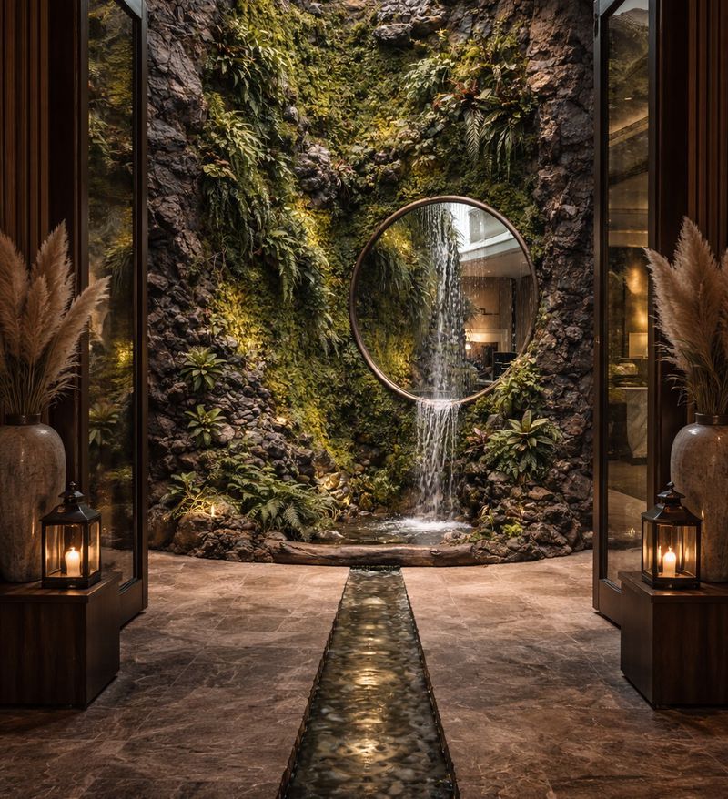 Recepción de un hotel boutique con jardín vertical, cascada y canal de agua iluminado