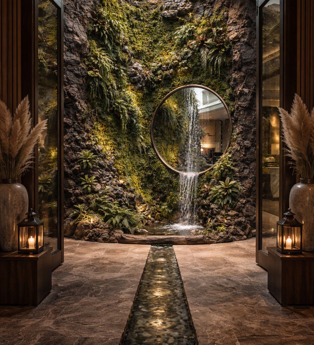 Recepción de un hotel boutique con jardín vertical, cascada y canal de agua iluminado