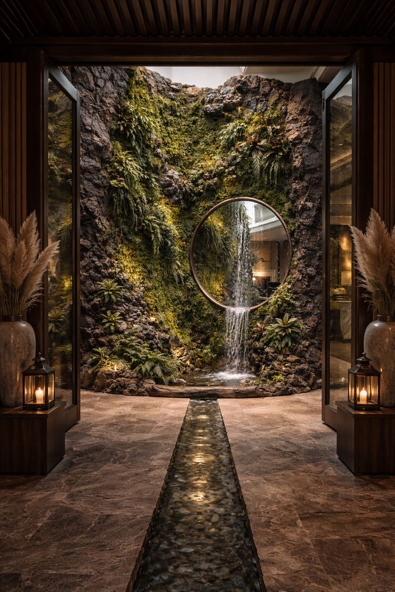 Jardín vertical con cascada y fuente integrada en la recepción de un hotel boutique