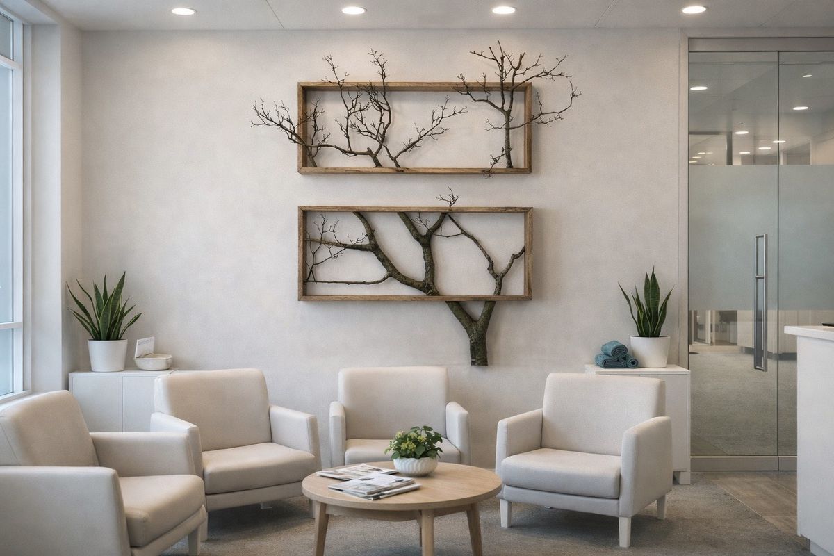 Sala de espera con mural en relieve, ramas enmarcadas en madera y sillones claros