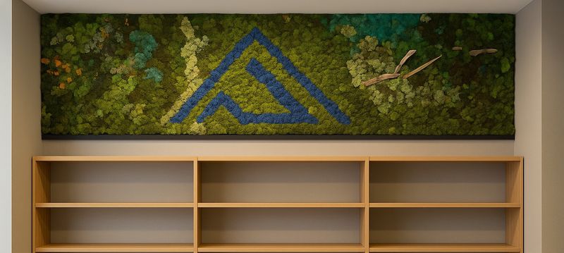 Jardín vertical de musgo con un logotipo azul sobre la estantería de una tienda