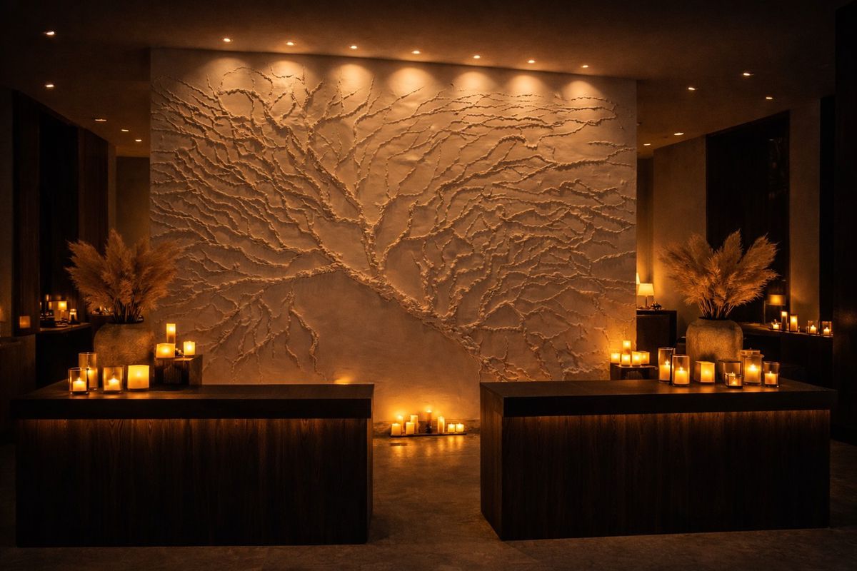 Mural en relieve de ramas en la sala de un spa iluminada con velas