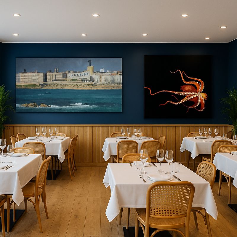 Restaurante con dos obras personalizadas: la costa gallega y un pulpo sobre fondo azul