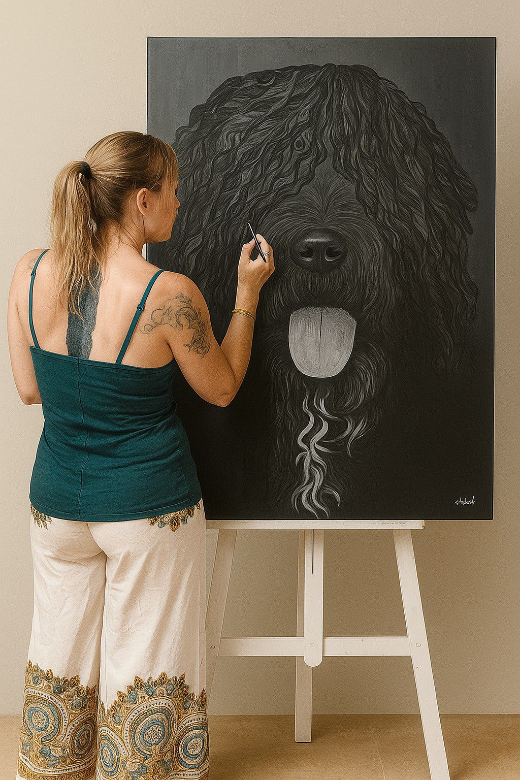 Ächa pintando en un caballete el retrato de Manfarier, un perro negro de pelo rizado