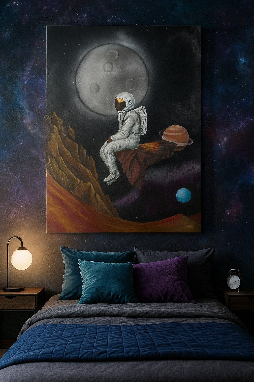 Cuadro de un astronauta sentado sobre una roca frente a la luna y varios planetas, en un dormitorio