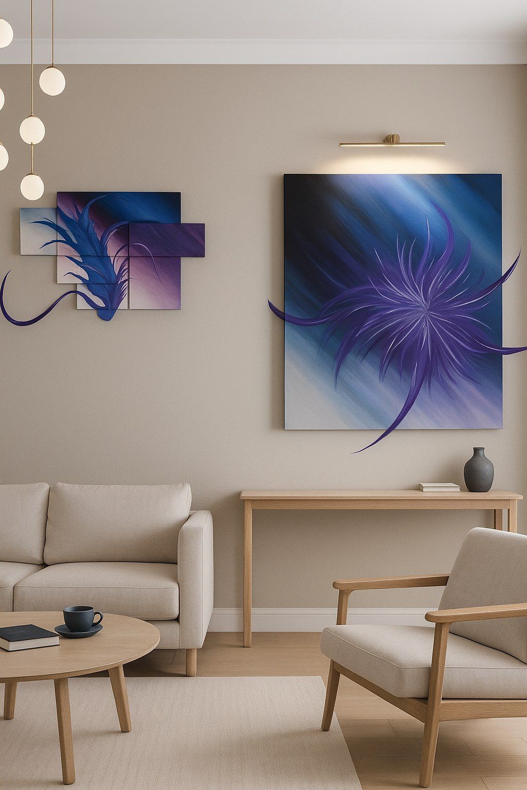 Díptico abstracto en azules y violetas con una flor de luz, en un salón