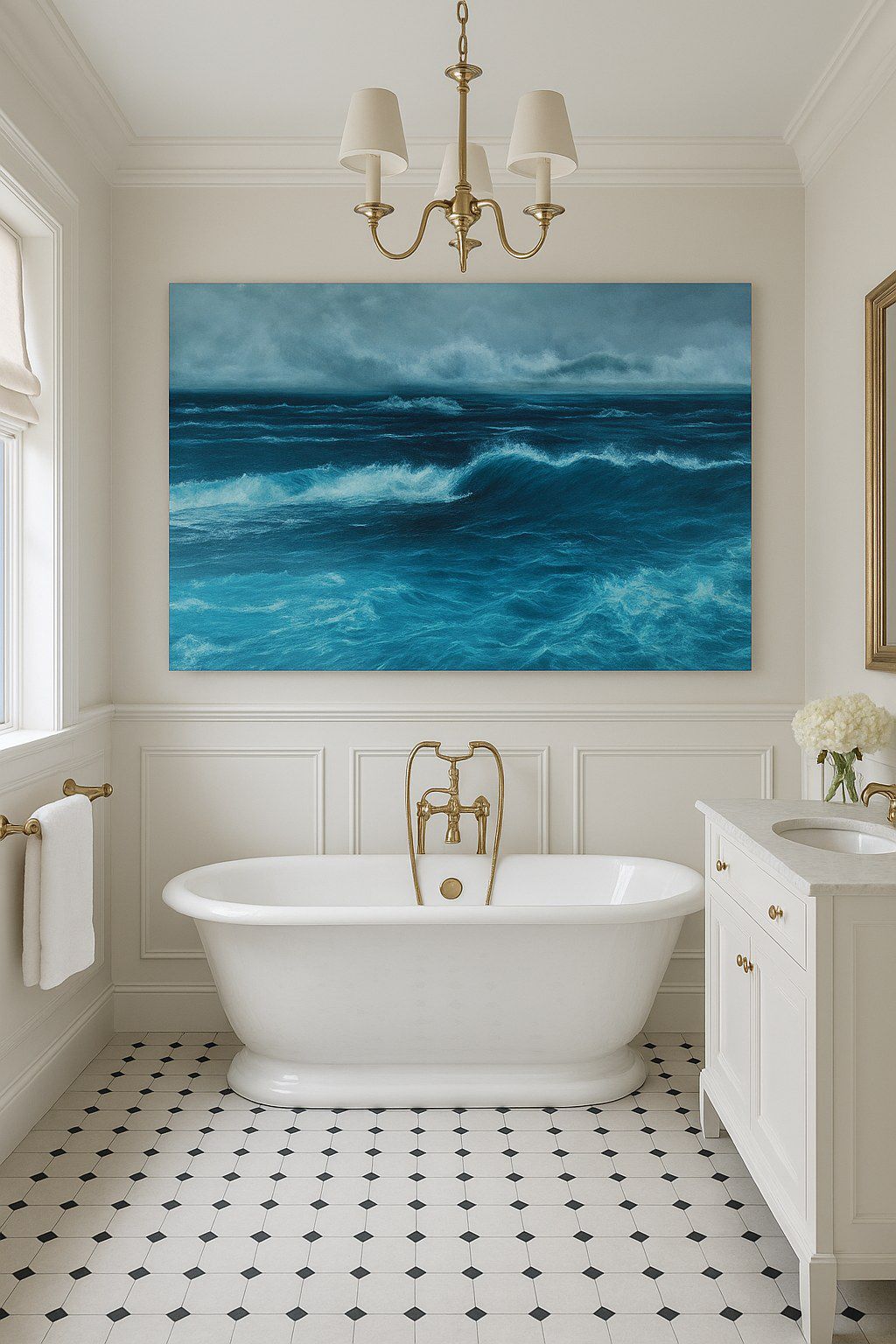 Cuadro de un mar embravecido en azules turquesa, en un baño con bañera exenta