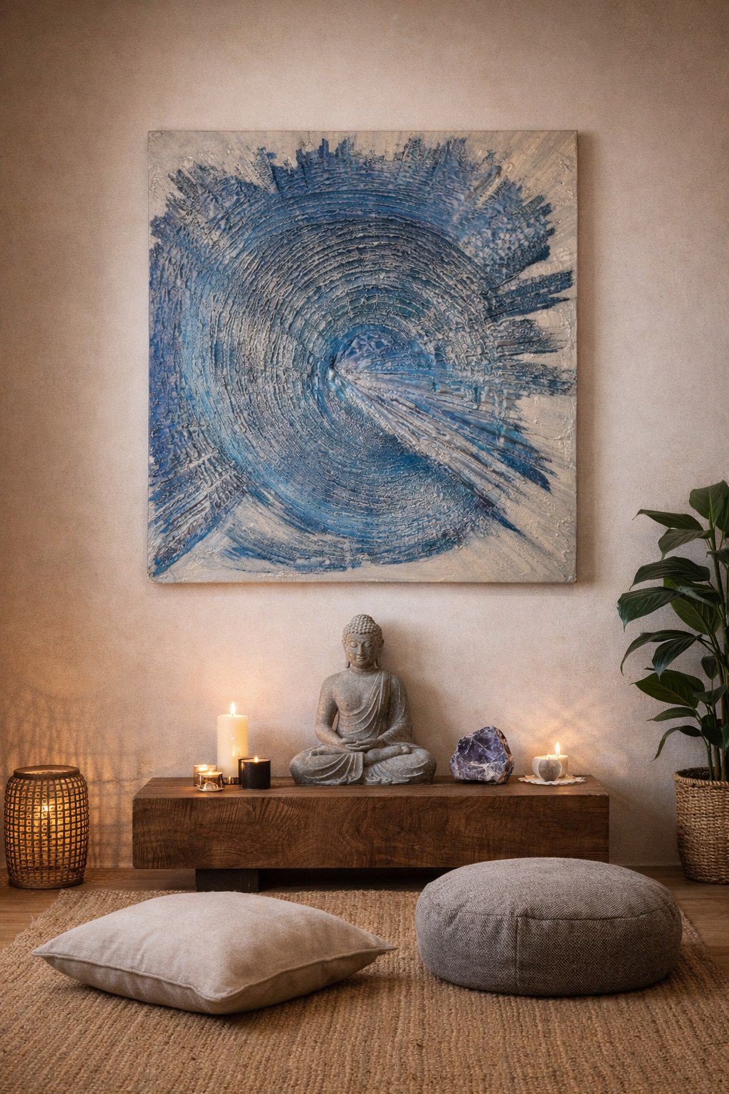 Cuadro abstracto de trazos azules en espiral, sobre un rincón de meditación