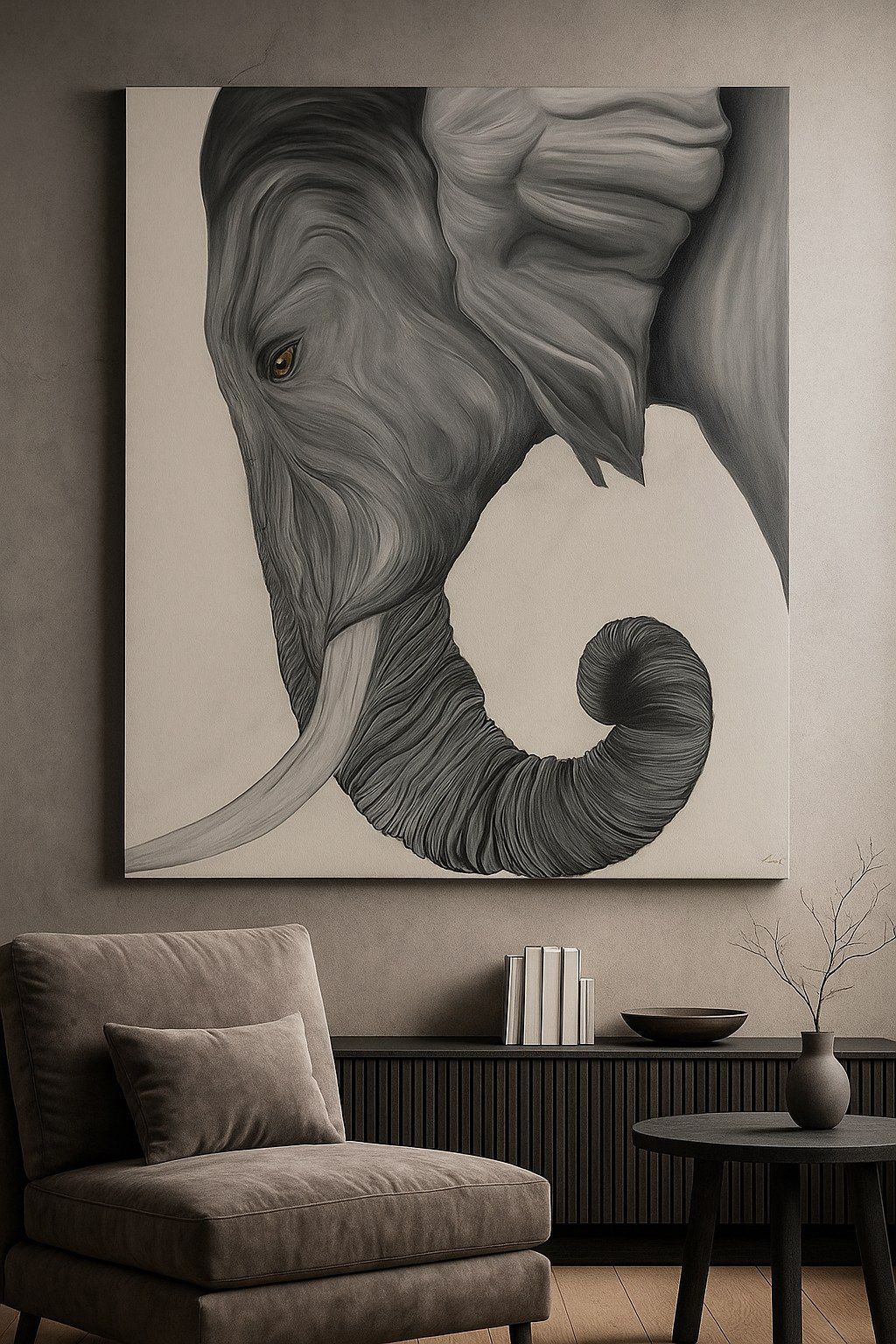 Cuadro en blanco y negro de un elefante de perfil con la trompa enroscada, en un salón