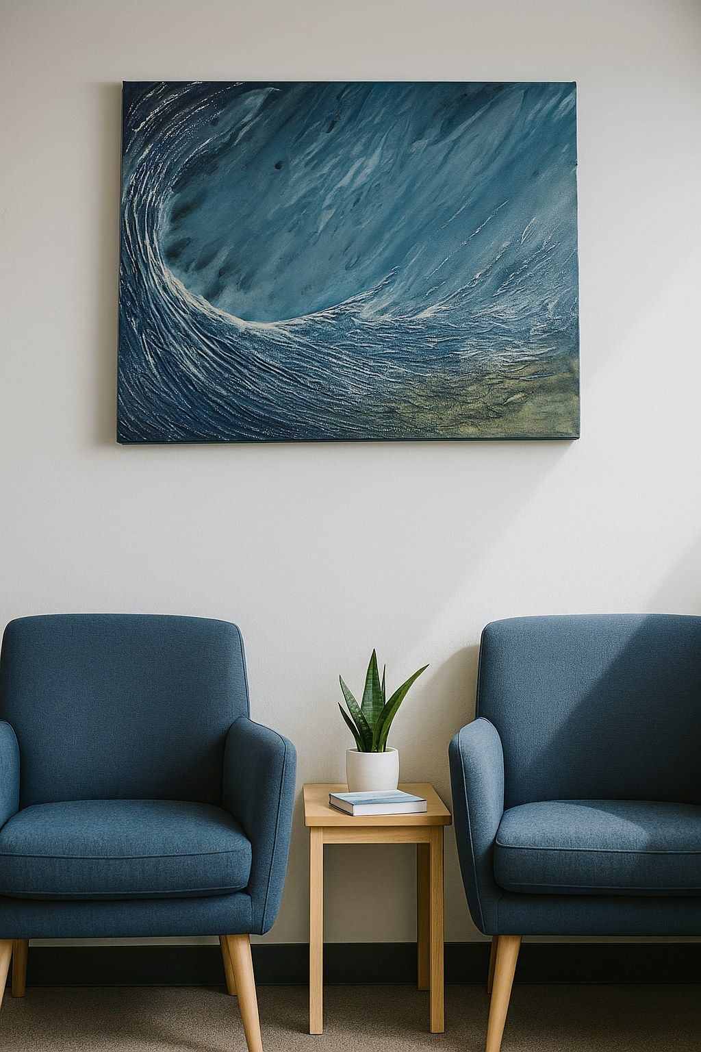 Cuadro de una ola en azules y blancos, en una sala con sillones azules