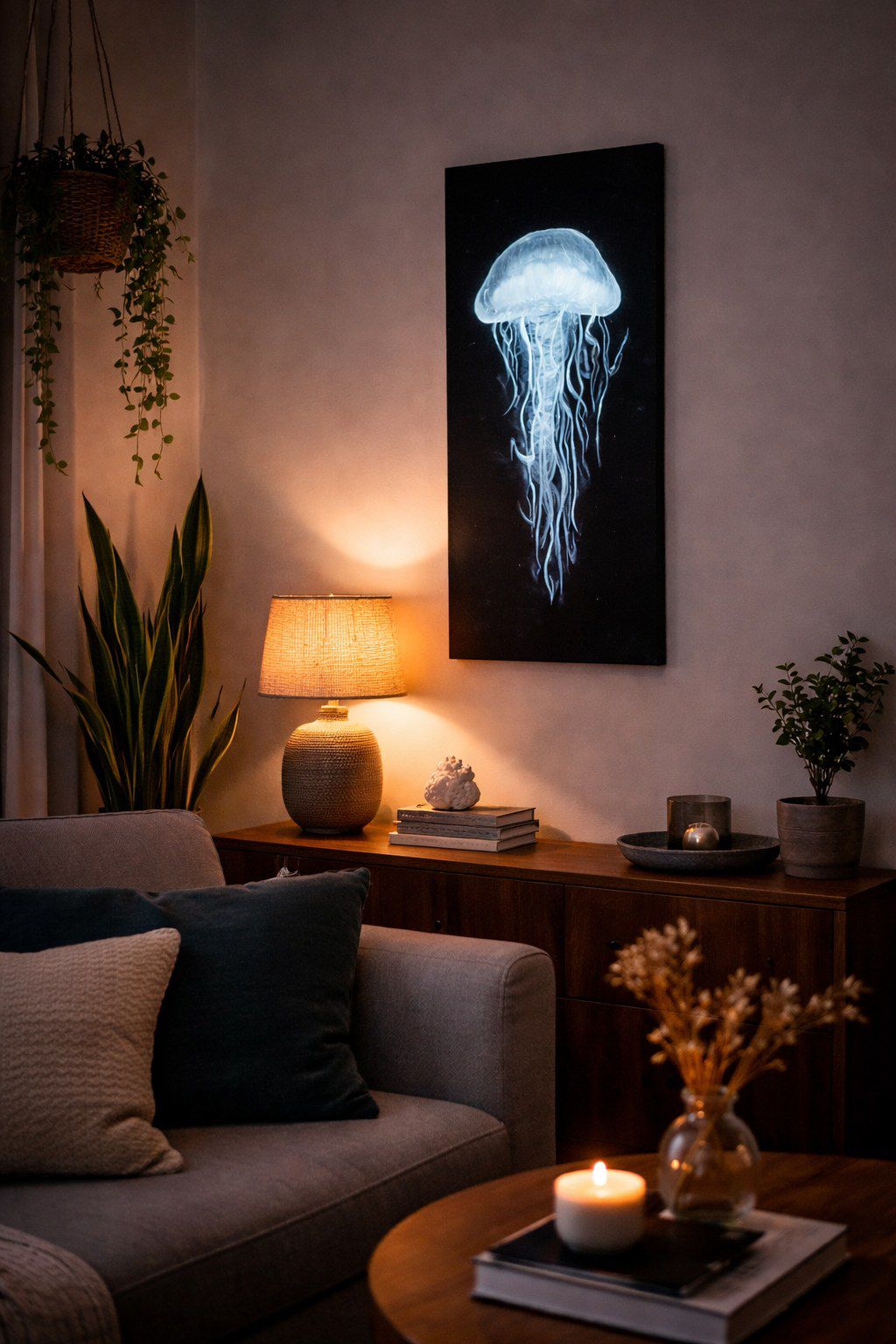 Cuadro vertical de una medusa luminosa sobre fondo negro, en un salón en penumbra