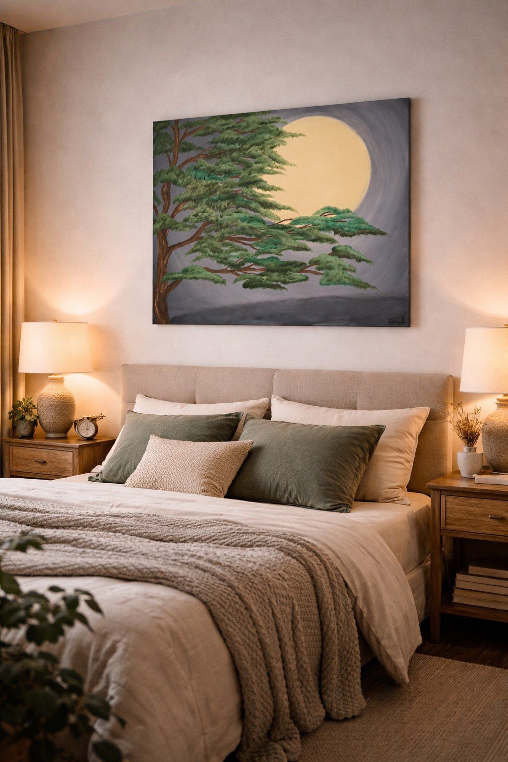 Cuadro de un árbol de copa verde frente a una luna dorada, sobre una cama