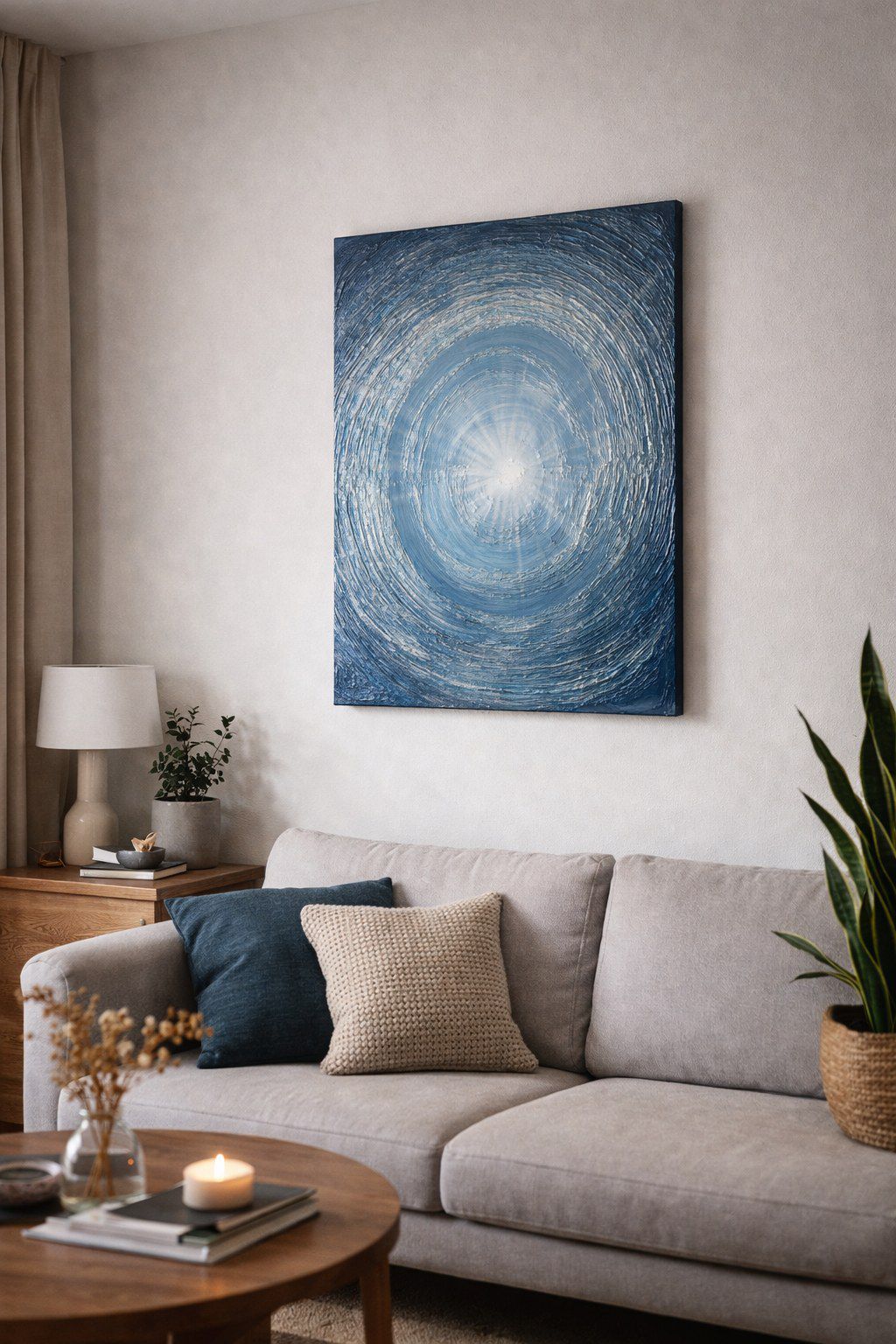 Cuadro de un vórtice azul con el centro luminoso, en un salón