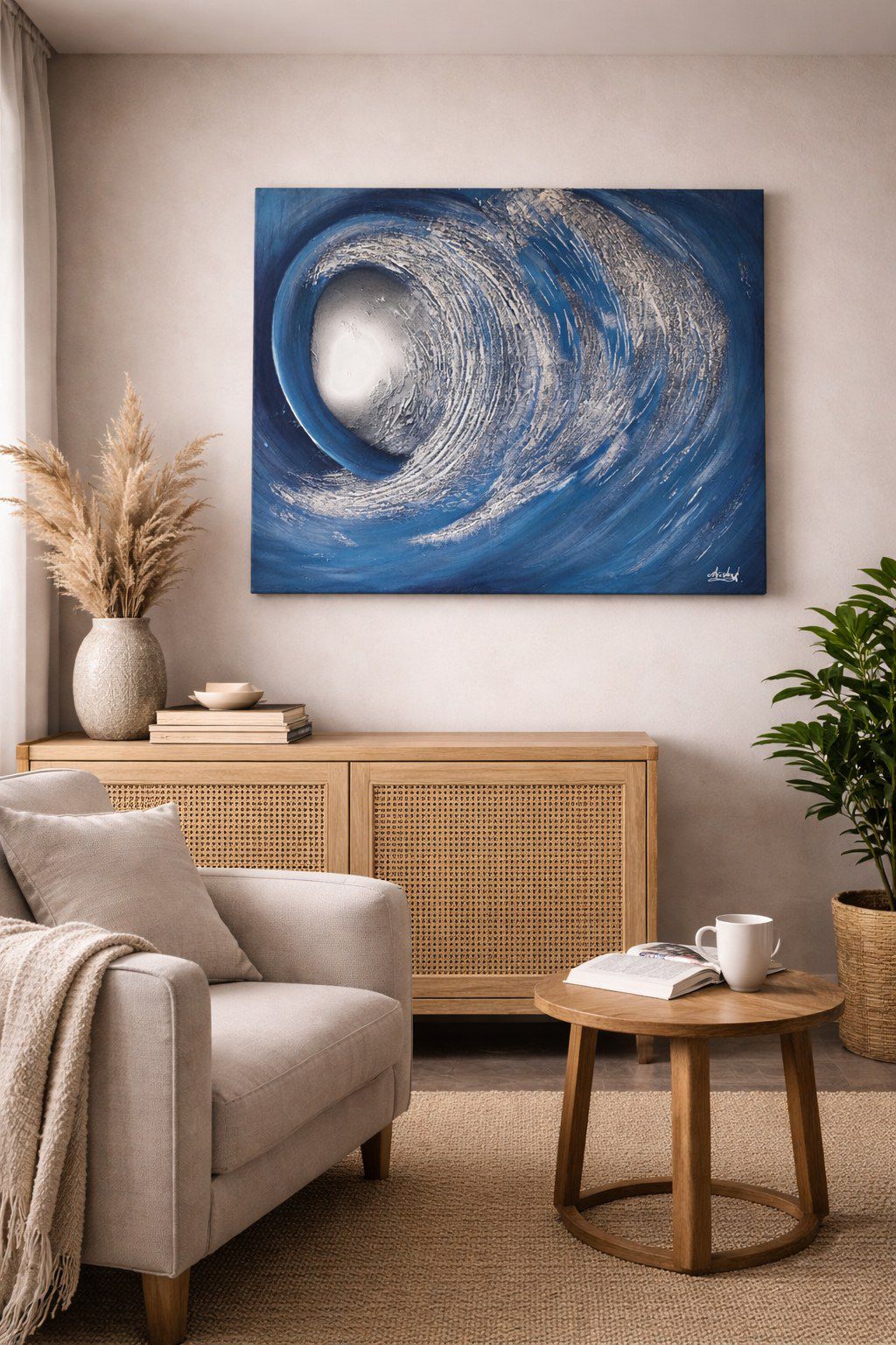 Cuadro de una ola en espiral azul y blanca, sobre un aparador de madera