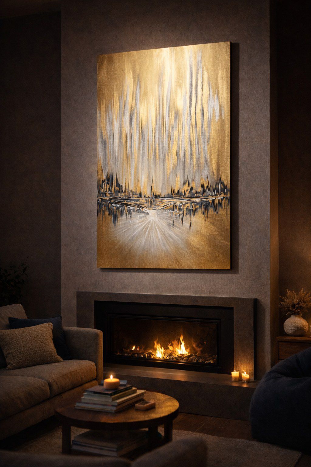 Cuadro vertical en dorados y grises con un horizonte reflejado, sobre una chimenea