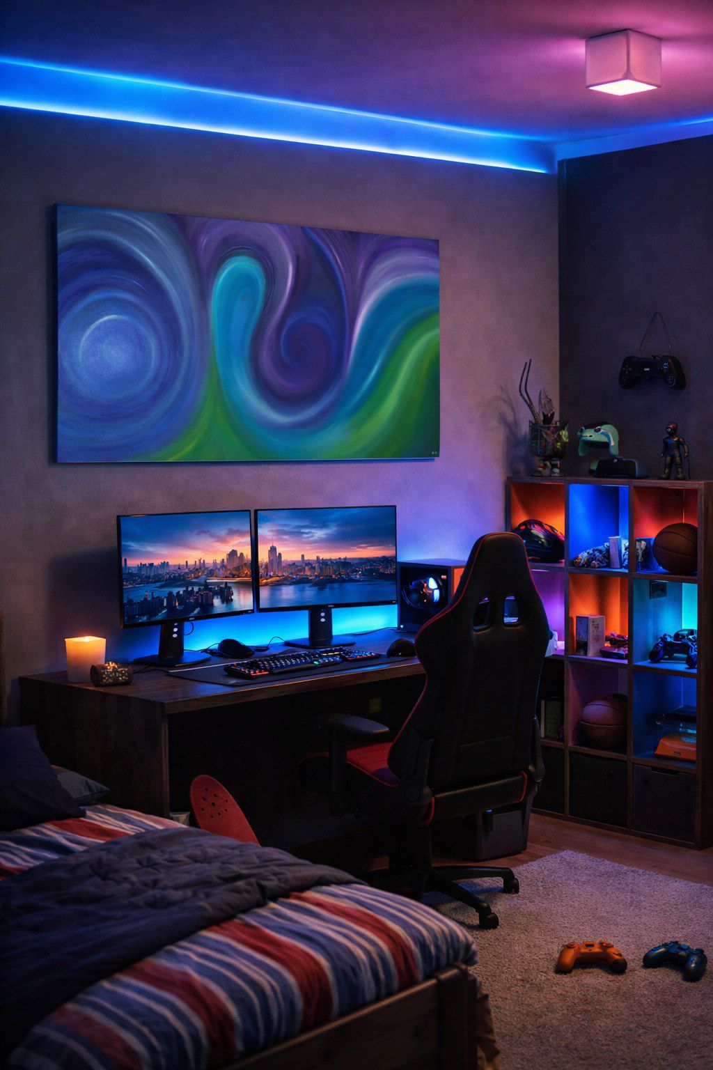 Cuadro de remolinos de color azul, verde y violeta, en una habitación gamer